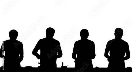 Silhouettes of four individuals sitting at a table in a formal setting isolated on transparent background, Vector