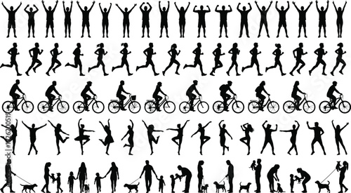 Set of black human silhouettes showing fitness exercises, runners, cyclists, dancers, and people walking dogs, isolated on white for sport lifestyle design