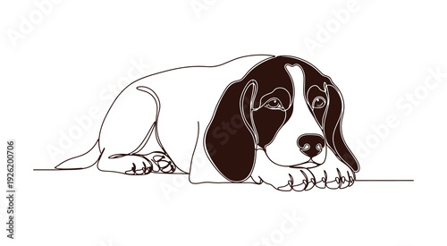 A continuous line art drawing style captures a dog resting. The cute pet is depicted lying down in a minimalist colored linear sketch, set against a white background.