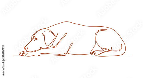 This illustration showcases a dog at rest, rendered in a continuous line art drawing style. The delightful pet is lying down in a minimalist colored linear sketch, isolated on a white background.