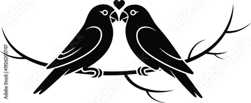 Two love birds silhouette with heart symbol, romantic parrot couple sitting on branch, black vector illustration isolated on white background