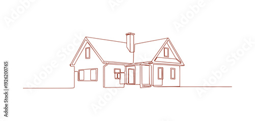 A country house represented through continuous line art. A minimalist linear design of a family home, isolated on a white backdrop. Vector illustration.