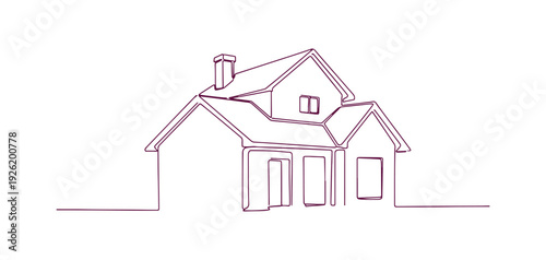 Abstract country residence depicted in a continuous line art style. Family dwelling characterized by a minimalist linear design, set against a white background. Vector illustration.