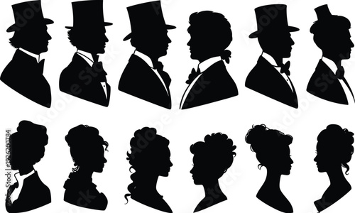 Victorian era men and women profile silhouettes collection with top hats, bow ties and elegant vintage hairstyles isolated on white background