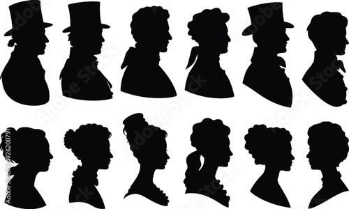Victorian era men and women profile silhouettes collection with vintage hairstyles, elegant dresses, and classic top hats isolated on white background for historical design projects.