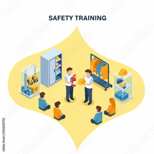 Group of people receiving safety training in a workshop setting with equipment.