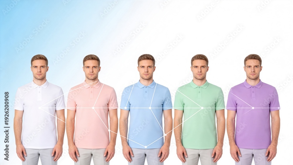 Obraz premium Multiple portraits of same man connected by data lines,concept of identity recognition,facial analysis and digital transformation in biometric technology