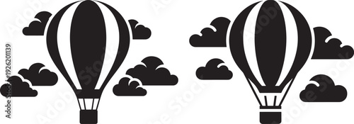 Two black hot air balloons with clouds, vector illustration, simple design, isolated on white background, symbolizing travel and adventure.