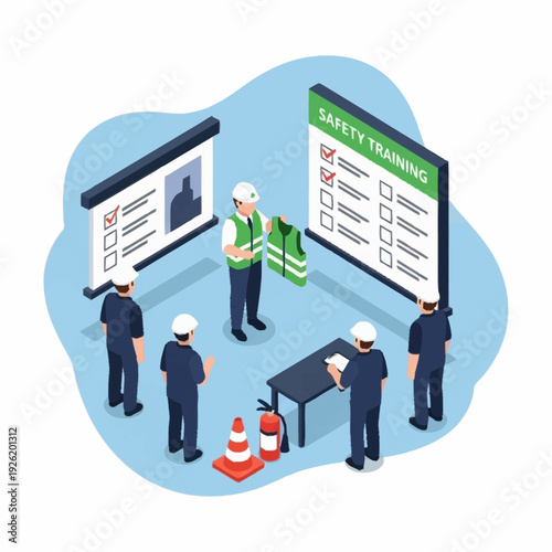 Construction workers receiving safety training from supervisor.