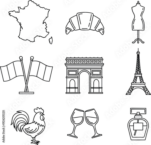 France Travel and Culture Line Icon Set with Eiffel Tower, Arc de Triomphe, Croissant, Wine Glasses and French Symbols Vector Illustration