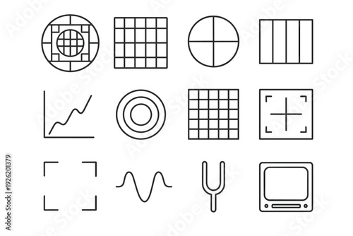 Vintage TV Test Icons. Vintage TV test screen graphics. Line outline icon set of Vintage TV test screen