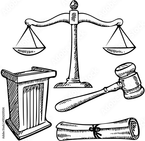 Hand-drawn sketch set depicting essential legal symbols and instruments of justice, including a scale, gavel, podium, and scroll, representing law and fairness concepts