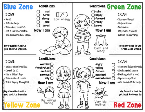 Social emotional learning zones of regulation activity sheet for kids, feelings and emotions chart with coping strategies. Educational worksheet for classroom and mental health