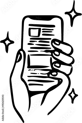 Hand holding a smartphone with news feed and sparkles, illustration