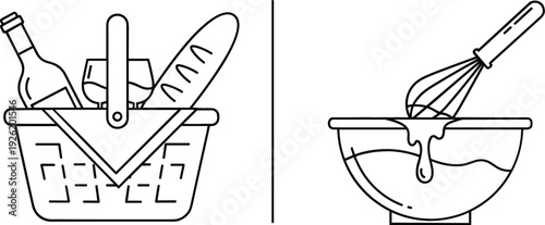 Cooking and Baking Line Icons with Picnic Basket, Food Container and Mixing Bowl with Whisk Kitchen Utensil Vector Illustration