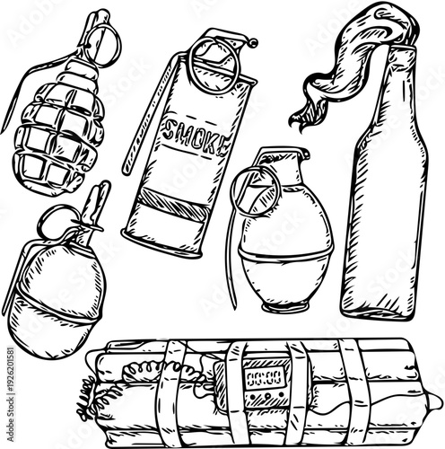 Vector drawing collection of dangerous explosive and incendiary devices hand grenades, smoke bombs, Molotov cocktail, and bundled explosives, for conceptual art