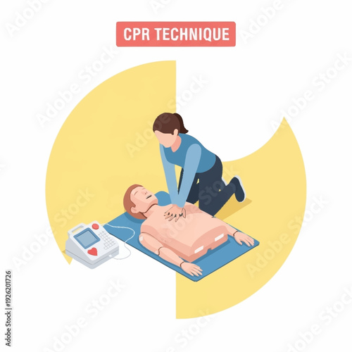 Woman Performing CPR on Man with Defibrillator Nearby.