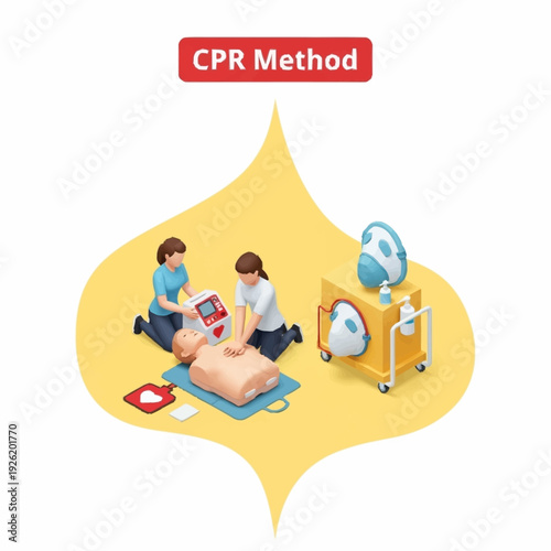 CPR training session with mannequin and defibrillator.