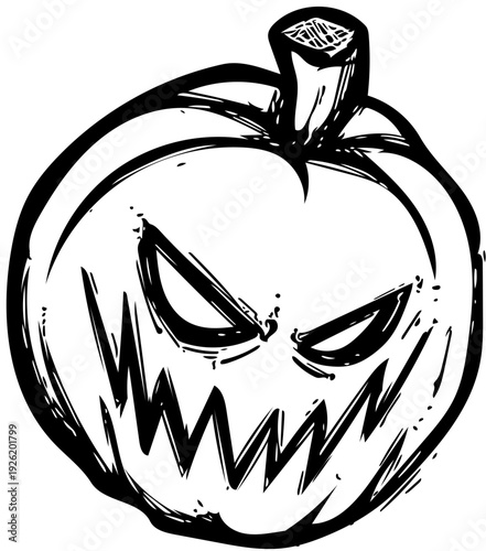 Hand-drawn distressed jack-o'-lantern illustration with a spooky and ominous carved face, perfect for Halloween designs, autumn festivities, or scary season decorations