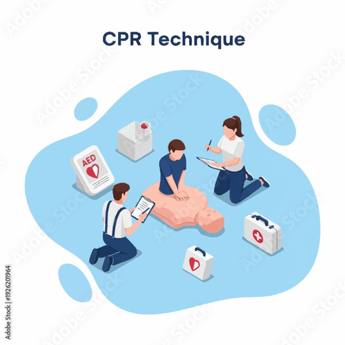 CPR Technique Illustration with Medical Professionals and First Aid Kits.
