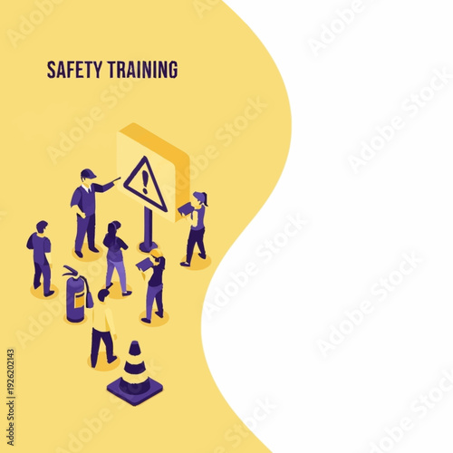 Safety Training Illustration with Workers and Warning Signs.