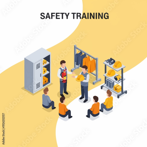 Group of people receiving safety training from instructor in a workshop setting.