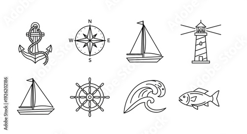 Nautical themed illustrations featuring anchor, compass, sailboat, lighthouse, wave, and fish.