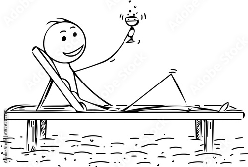 A Stick Figure Man Relaxing in a Lounge Chair on the Beach and Holding a Drink