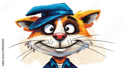Cartoon Cat Wearing Blue Cap Smiling.
