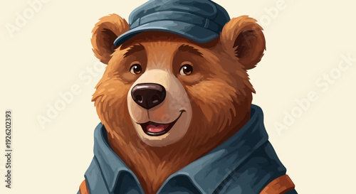Cartoon Bear Wearing Blue Cap and Shirt.