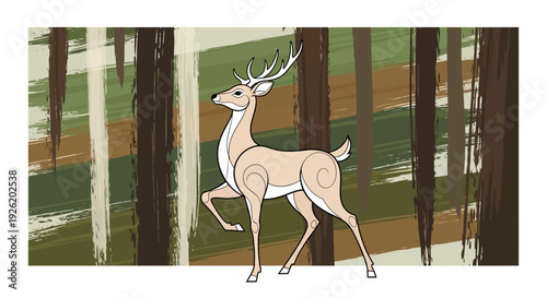 White Deer with Antlers in Forest Scene.