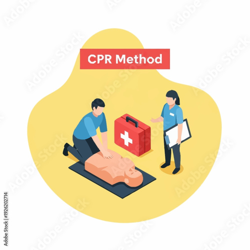 CPR training illustration with instructor and dummy on yellow background.