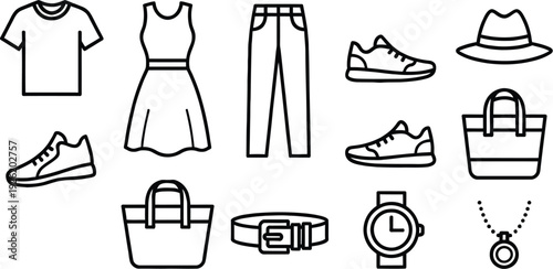 Fashion icon set, includes clothing, accessories. Created in line style with black and white palette.