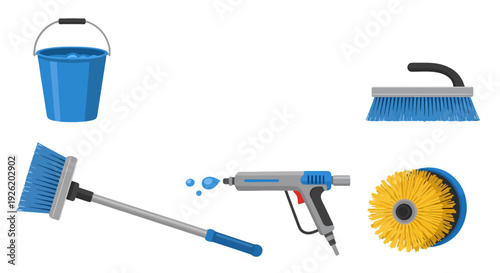 Collection of car wash tools blue bucket pressure washer various cleaning brushes flat vector illustration.