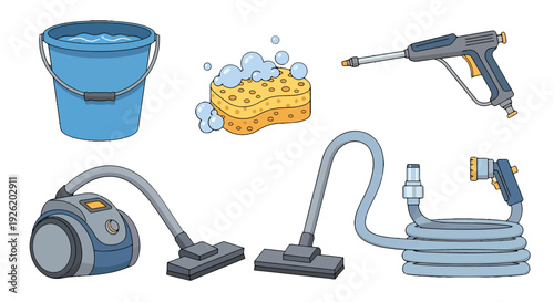 Colorful Cartoon Illustration of Essential Household Cleaning Tools and Supplies Set.