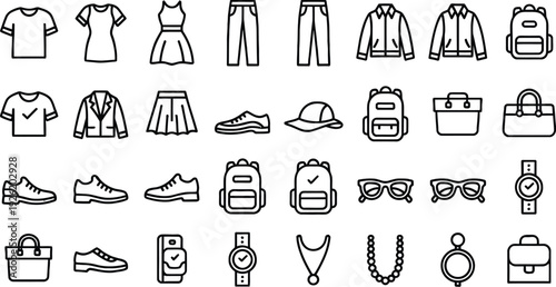 Fashion icon set. Includes clothing, accessories, shoes, and jewelry. Created in line style with black and white color palette.