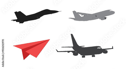 Diverse Aircraft Silhouettes Fighter Jet Commercial Passenger Planes and a Vibrant Red Paper Airplane Icon.