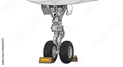 Detailed grey aircraft main landing gear with black dual wheels and brown chocks vector illustration.