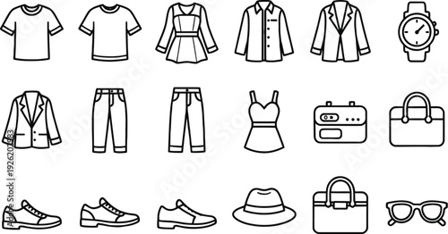 Fashion icon set, 17 icons. Includes clothing, accessories, and footwear. Created in line style with black and white color palette.