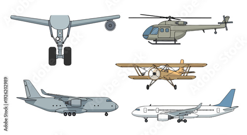 Diverse cartoon aircraft illustrations modern jet cargo plane vintage biplane helicopter and airplane landing gear.