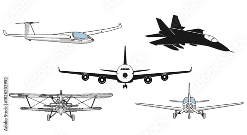 Diverse aircraft vector illustrations featuring a white glider black fighter jet airliner biplane and propeller plane.