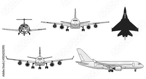 Diverse aircraft vector illustrations propeller plane commercial passenger jets and fighter jet in various views.