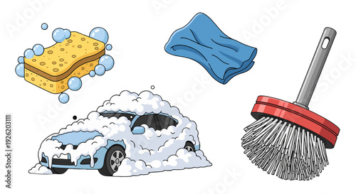 Light blue car completely covered in thick white soap foam during a car wash.