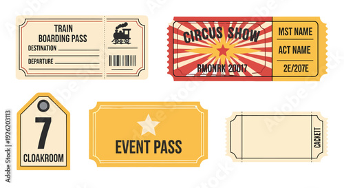 Retro flat design collection of vintage tickets train boarding pass circus show event pass and cloakroom tag illustration.