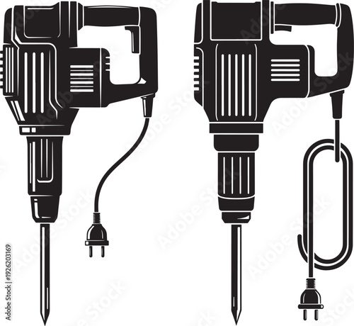 Heavy duty jackhammer drills, construction tools, demolition equipment, black silhouette illustration, power tools for building and breaking