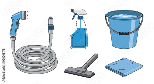 Vibrant blue and gray household cleaning supplies vector illustration set featuring a hose spray bottle bucket vacuum head and cloth.