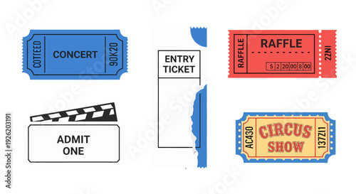 Vibrant collection of event tickets blue concert red raffle yellow circus white entry and admit one pass.