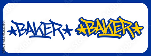 Baker Name Tag Graffiti on Blue Sticker. Bold Black Hand Style Urban Typography for The Builders Identity and Creative Food Industry Design.