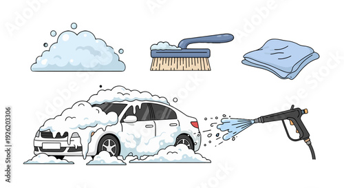 White sedan car covered in thick soap foam being cleaned with a pressure washer cartoon style.