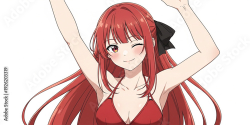 Anime Style Red Hair Girl Portrait with Winking Expression, Cute Manga Character Illustration with Long Hair and Ribbon, Isolated on White Background